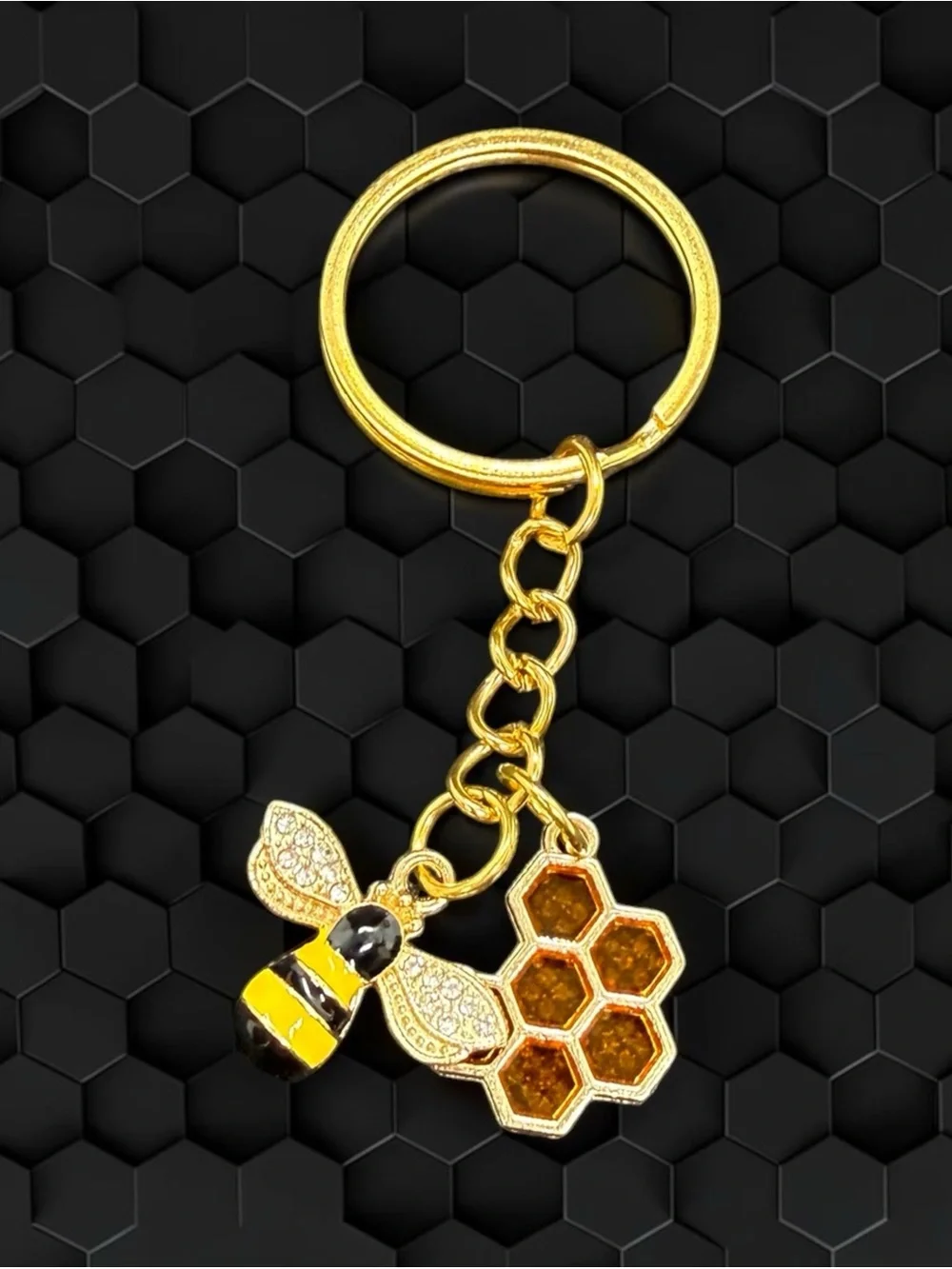 🏷️‼️5/$25🏷️‼️🐝Gold-Tone Bee Charm Keychain with Yellow Enamel Honeycomb/NWOT🐝
